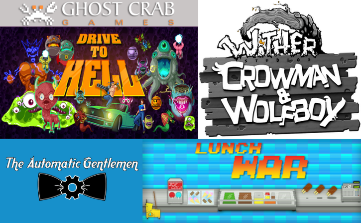 From top left: Ghost Crab Games Drive to Hell, Wither Studios Crowman and Wolfboy, and The Automatic Gentlemens Lunch War!